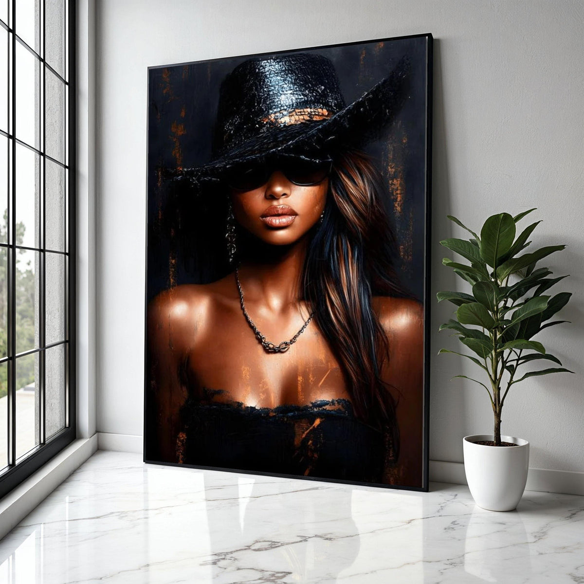 Elegant Woman in Black Hat Canvas, Fashion Portrait Wall Art, Modern Glamour Canvas, Chic Style Decor, Gift Art, Home Decor, Print