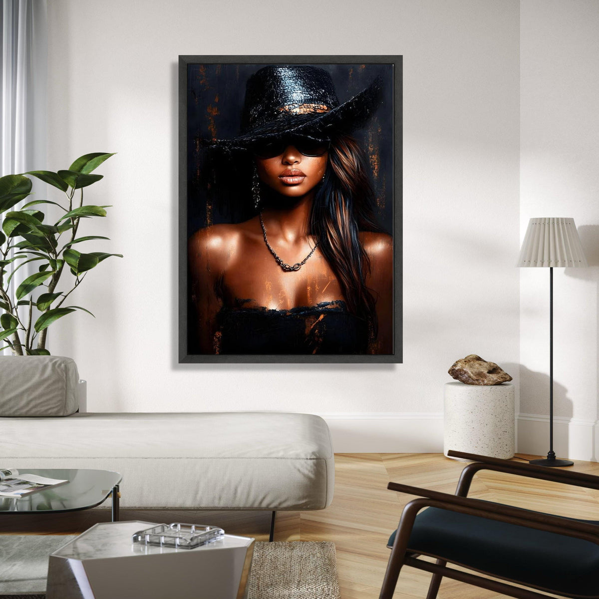 Elegant Woman in Black Hat Canvas, Fashion Portrait Wall Art, Modern Glamour Canvas, Chic Style Decor, Gift Art, Home Decor, Print