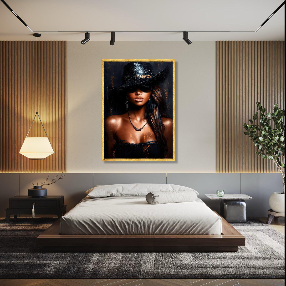 Elegant Woman in Black Hat Canvas, Fashion Portrait Wall Art, Modern Glamour Canvas, Chic Style Decor, Gift Art, Home Decor, Print