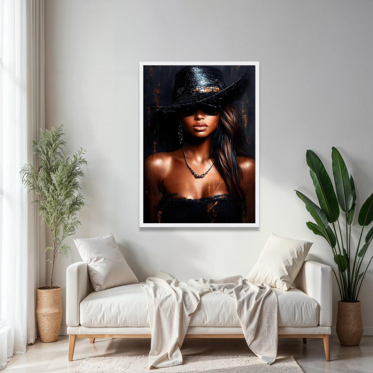Elegant Woman in Black Hat Canvas, Fashion Portrait Wall Art, Modern Glamour Canvas, Chic Style Decor, Gift Art, Home Decor, Print