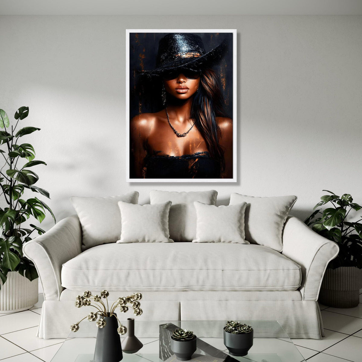 Elegant Woman in Black Hat Canvas, Fashion Portrait Wall Art, Modern Glamour Canvas, Chic Style Decor, Gift Art, Home Decor, Print