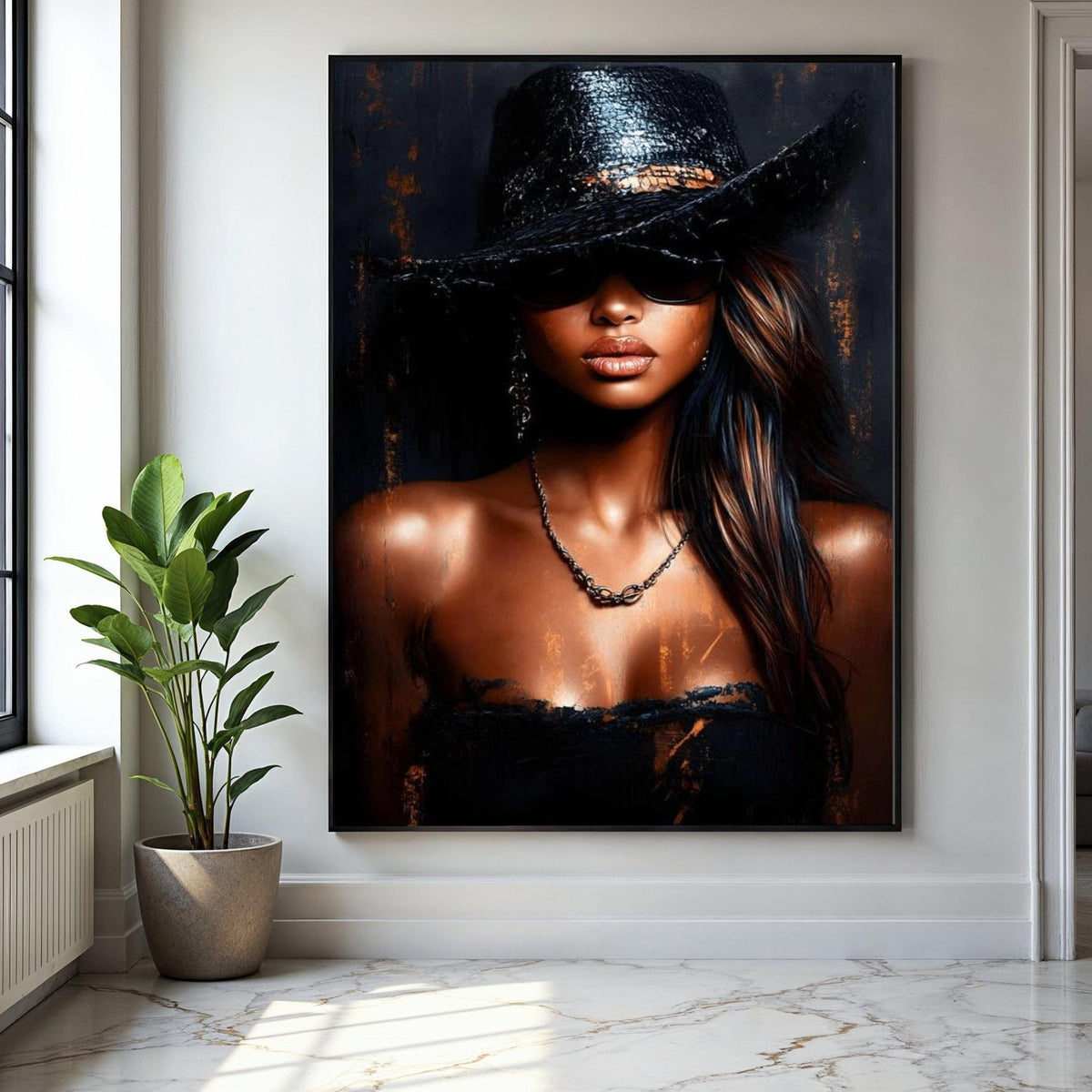 Elegant Woman in Black Hat Canvas, Fashion Portrait Wall Art, Modern Glamour Canvas, Chic Style Decor, Gift Art, Home Decor, Print