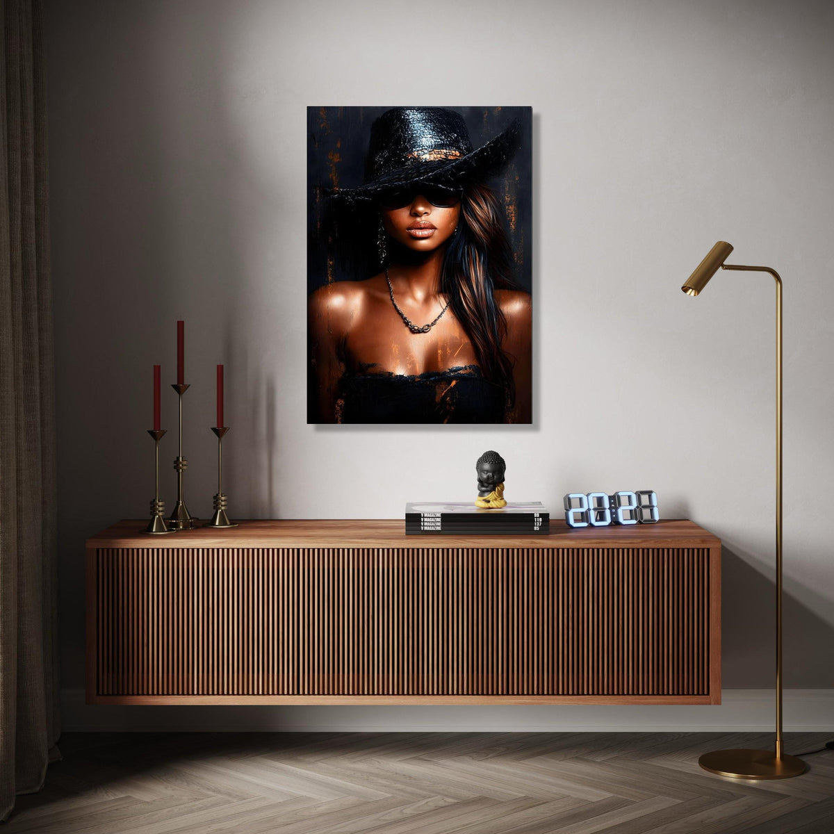 Elegant Woman in Black Hat Canvas, Fashion Portrait Wall Art, Modern Glamour Canvas, Chic Style Decor, Gift Art, Home Decor, Print
