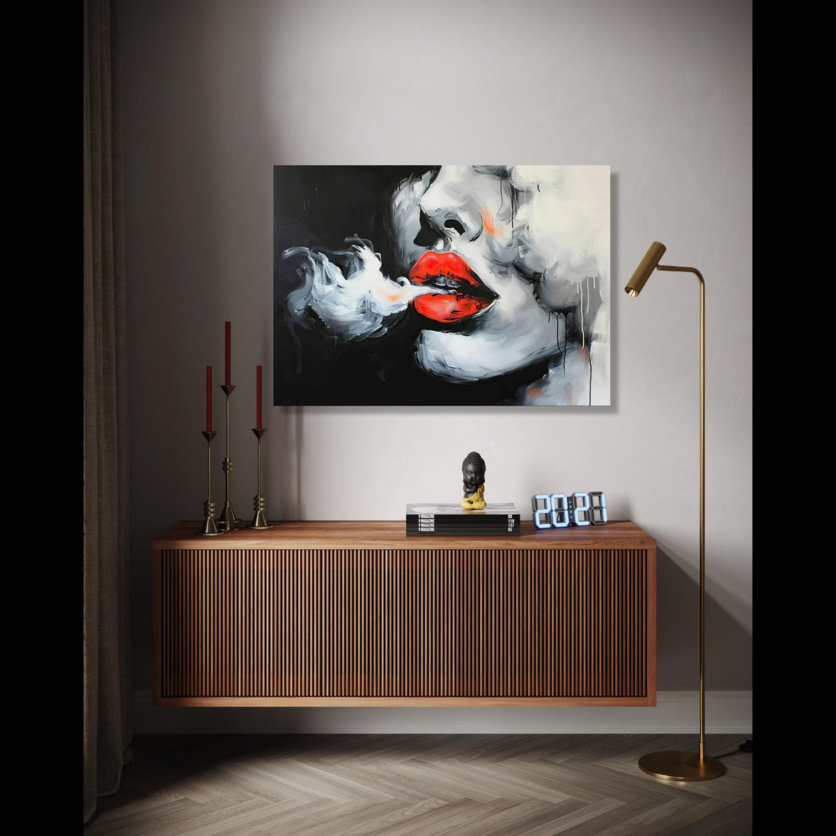 Bold Red Lips Canvas, Abstract Smoking Woman Art, Modern Portrait Wall Decor, Black and White Face Painting, Gift Art, Home Decor, Print
