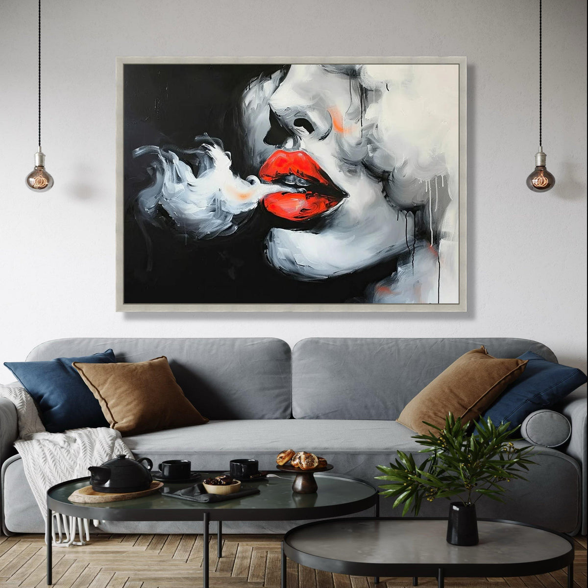Bold Red Lips Canvas, Abstract Smoking Woman Art, Modern Portrait Wall Decor, Black and White Face Painting, Gift Art, Home Decor, Print