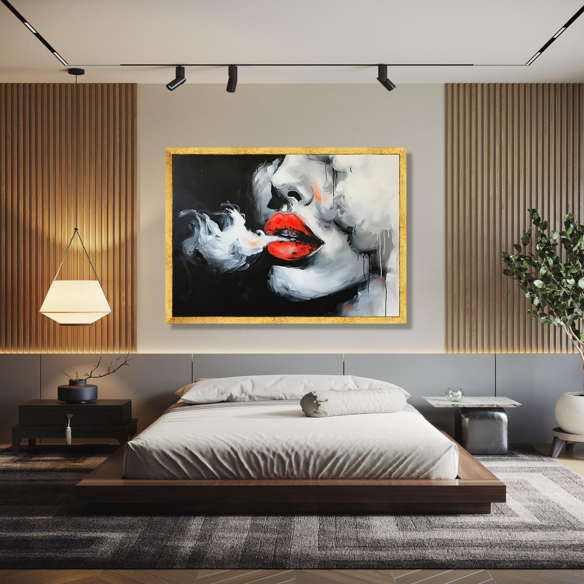 Bold Red Lips Canvas, Abstract Smoking Woman Art, Modern Portrait Wall Decor, Black and White Face Painting, Gift Art, Home Decor, Print