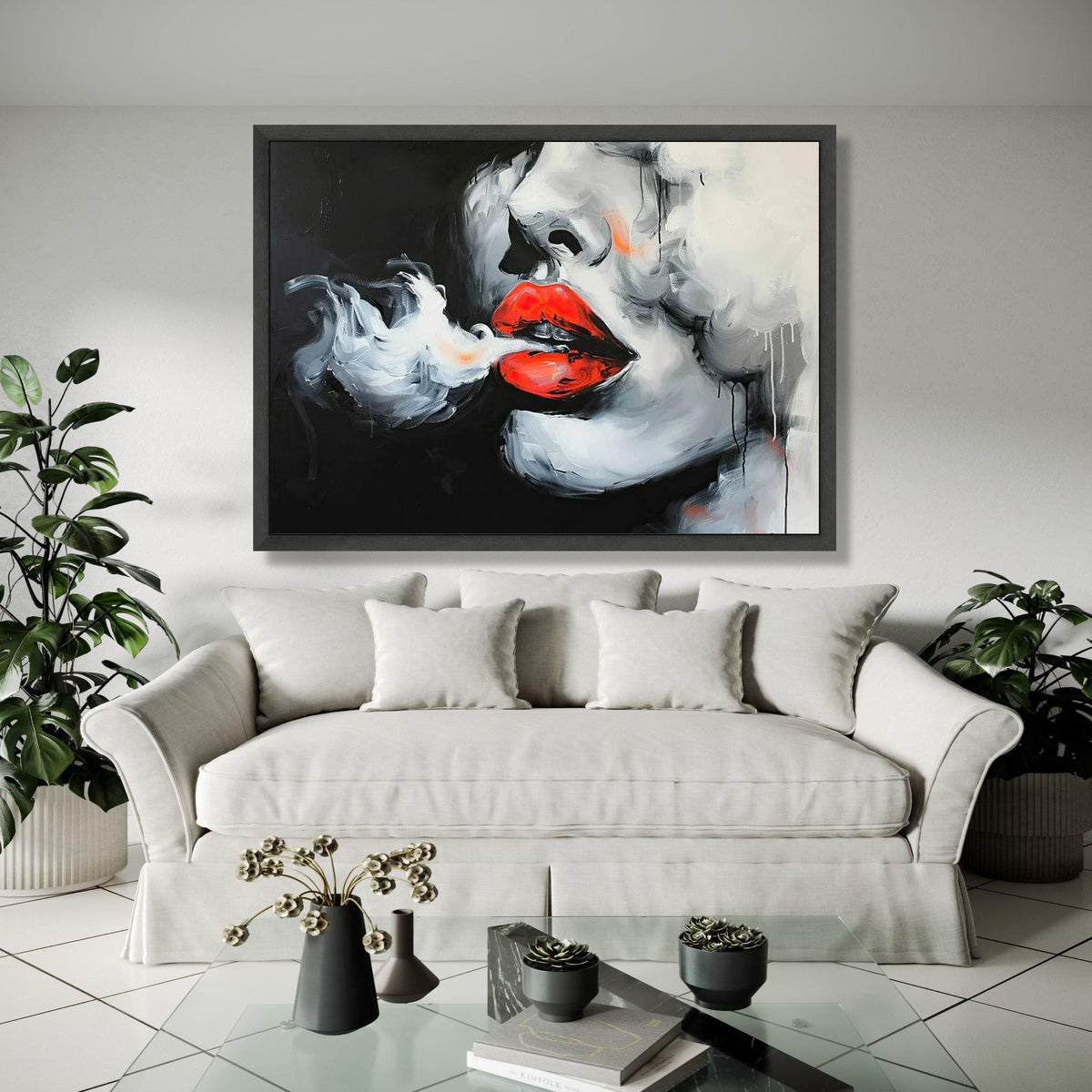 Bold Red Lips Canvas, Abstract Smoking Woman Art, Modern Portrait Wall Decor, Black and White Face Painting, Gift Art, Home Decor, Print
