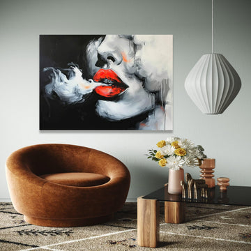 Bold Red Lips Canvas, Abstract Smoking Woman Art, Modern Portrait Wall Decor, Black and White Face Painting, Gift Art, Home Decor, Print