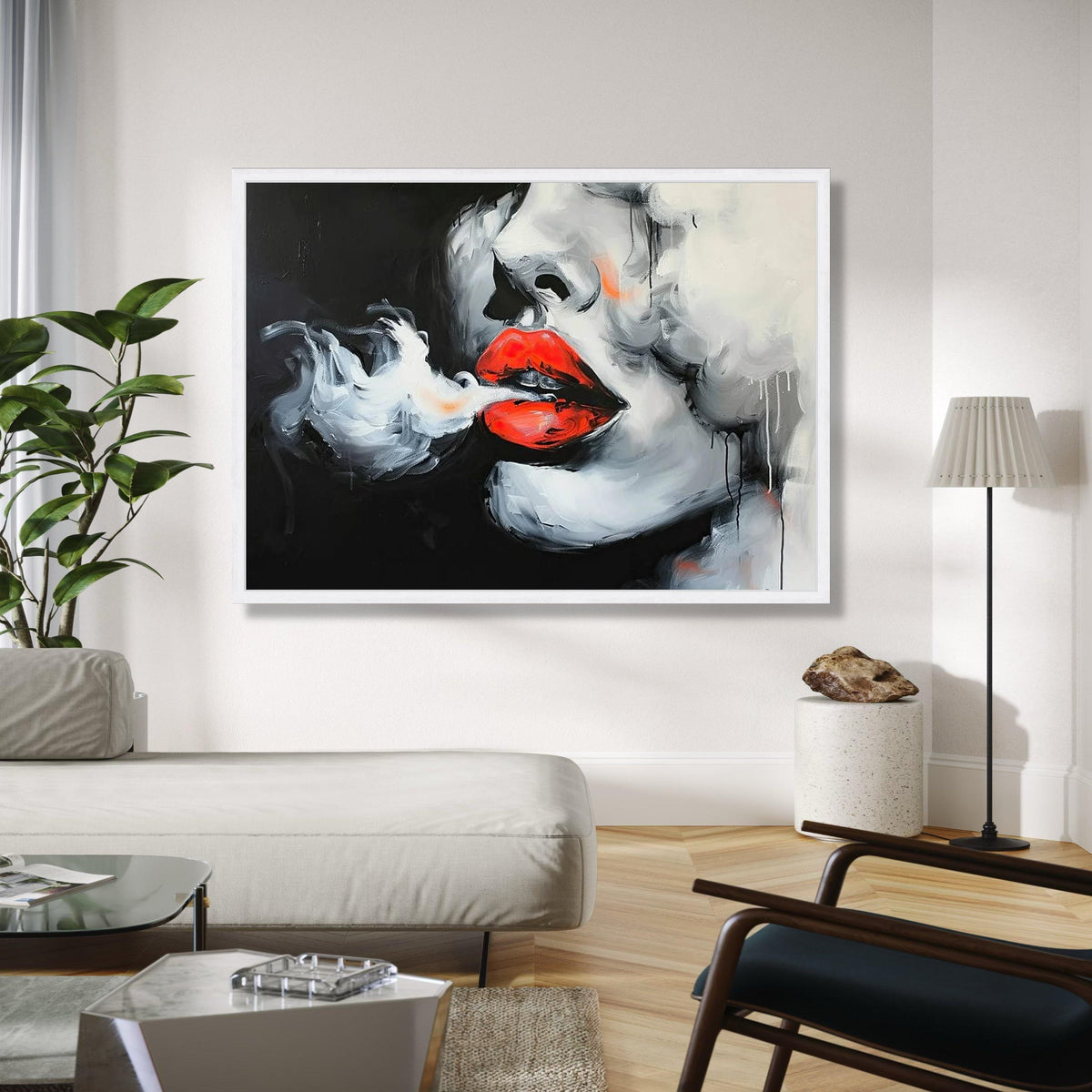 Bold Red Lips Canvas, Abstract Smoking Woman Art, Modern Portrait Wall Decor, Black and White Face Painting, Gift Art, Home Decor, Print
