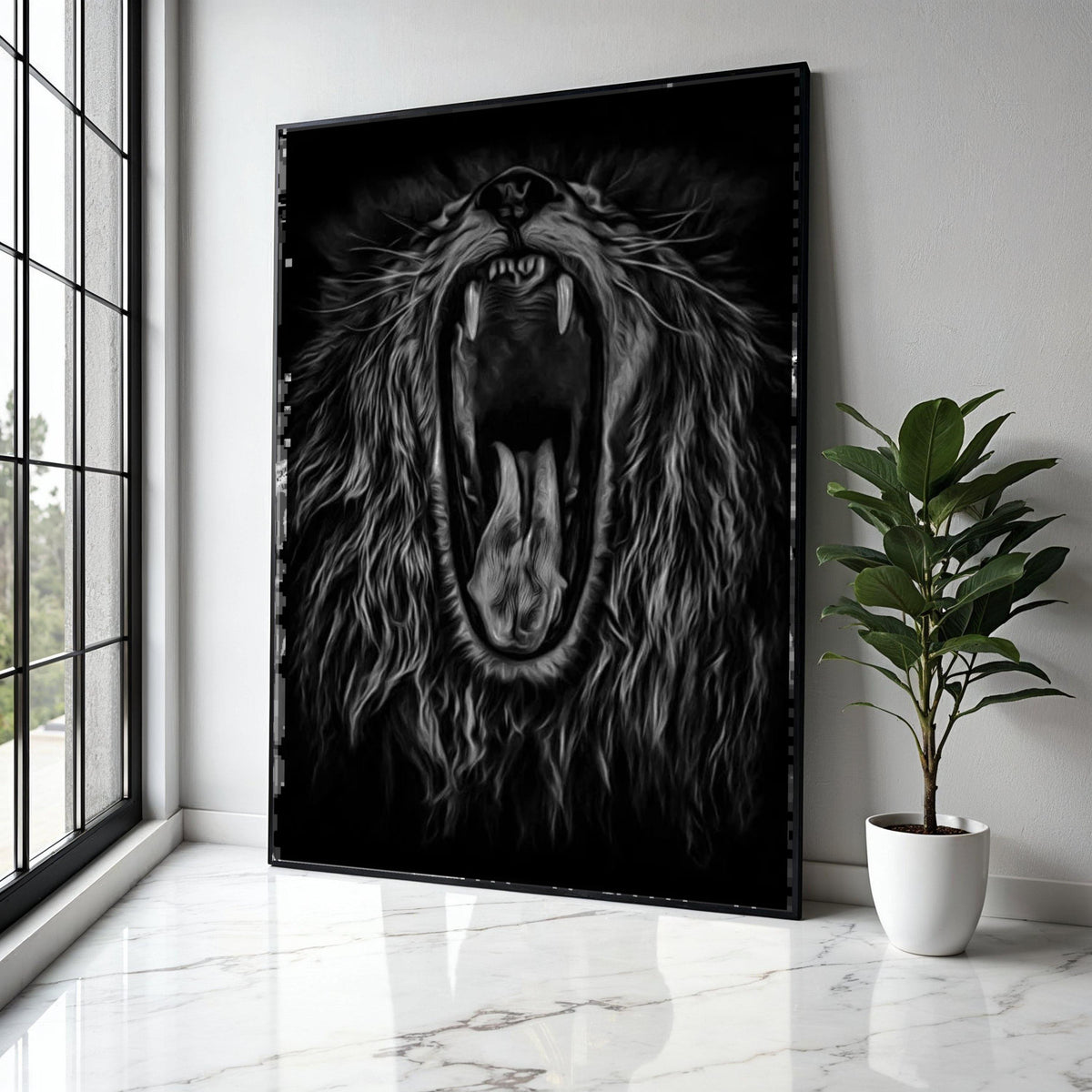 Fierce Roaring Lion Canvas, Black and White Animal Wall Art, Majestic Wildlife Portrait, Bold Safari Decor, Gift Art, Home Decor, Print
