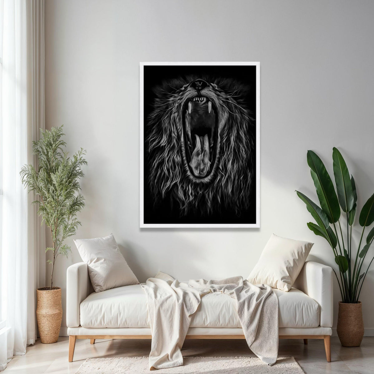 Fierce Roaring Lion Canvas, Black and White Animal Wall Art, Majestic Wildlife Portrait, Bold Safari Decor, Gift Art, Home Decor, Print