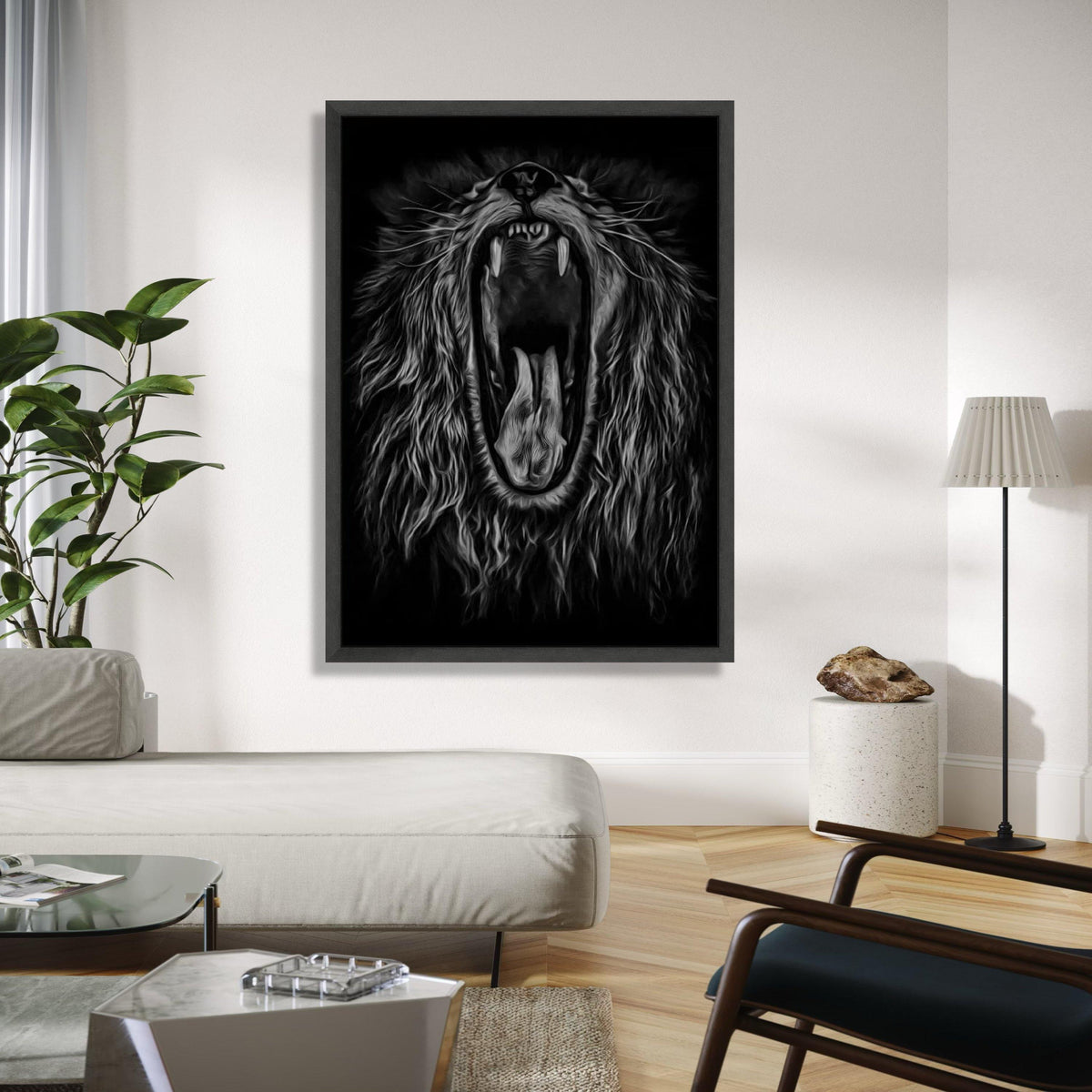 Fierce Roaring Lion Canvas, Black and White Animal Wall Art, Majestic Wildlife Portrait, Bold Safari Decor, Gift Art, Home Decor, Print
