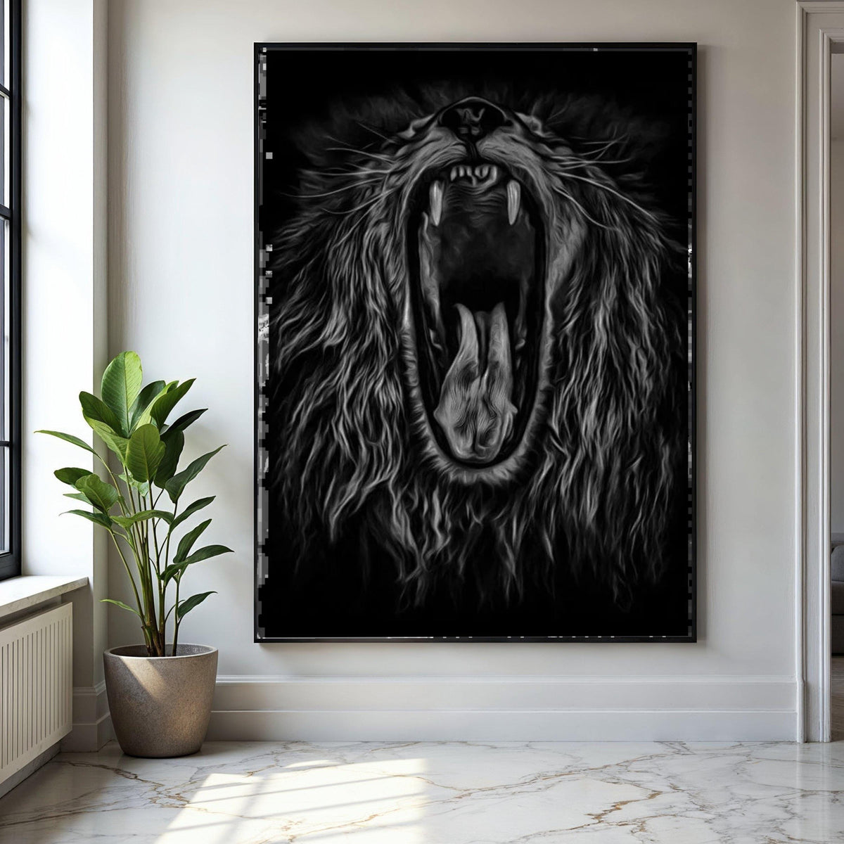 Fierce Roaring Lion Canvas, Black and White Animal Wall Art, Majestic Wildlife Portrait, Bold Safari Decor, Gift Art, Home Decor, Print