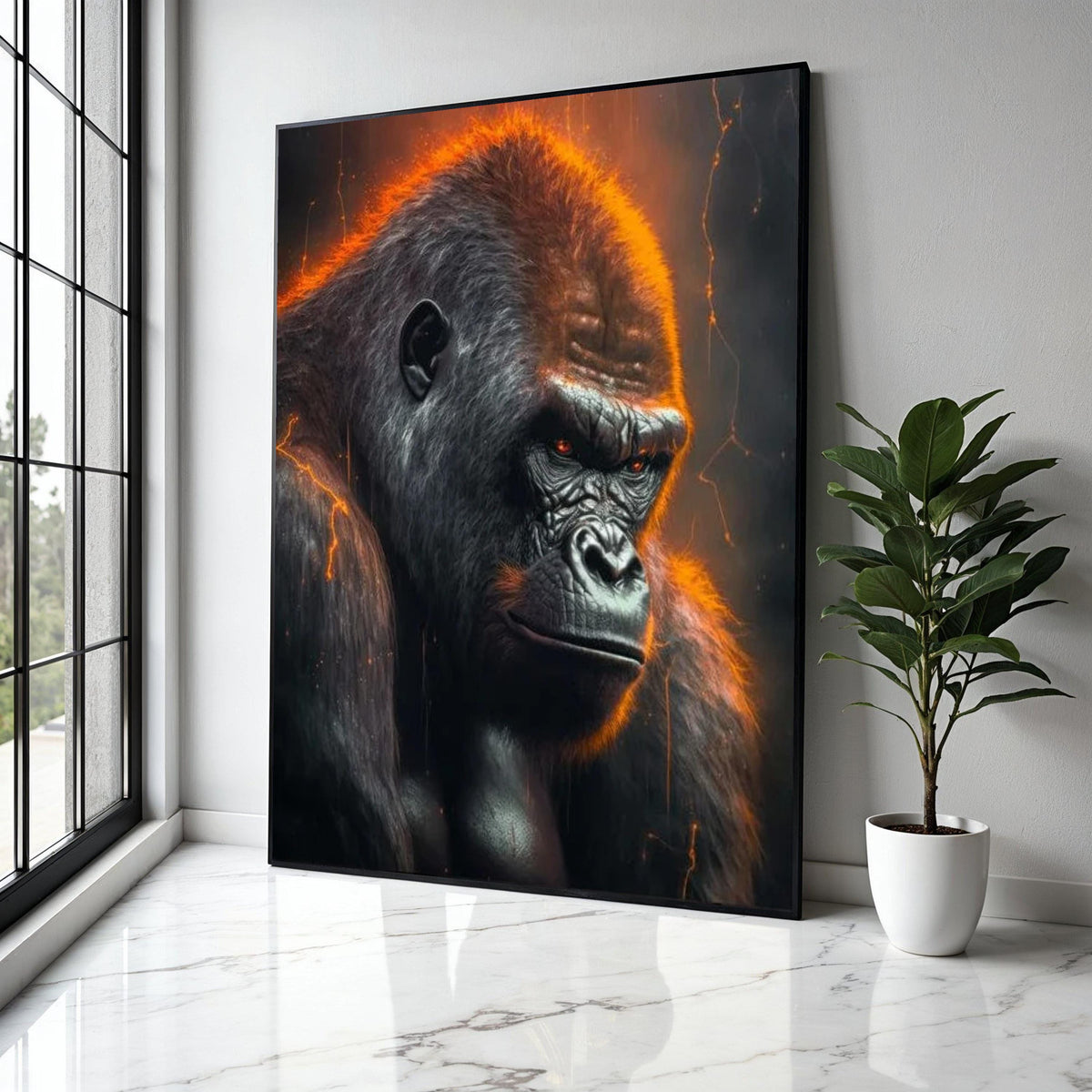 Fierce Gorilla Canvas Wall Art, Bold Wildlife Portrait, Orange Glow Animal Decor, Dramatic Primate Canvas, Gift Art, Home Decor, Print