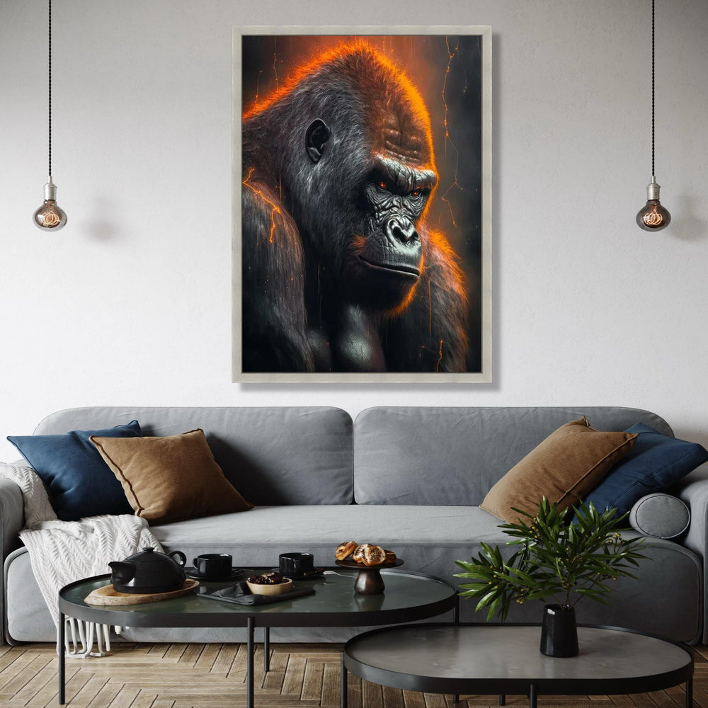 Fierce Gorilla Canvas Wall Art, Bold Wildlife Portrait, Orange Glow Animal Decor, Dramatic Primate Canvas, Gift Art, Home Decor, Print