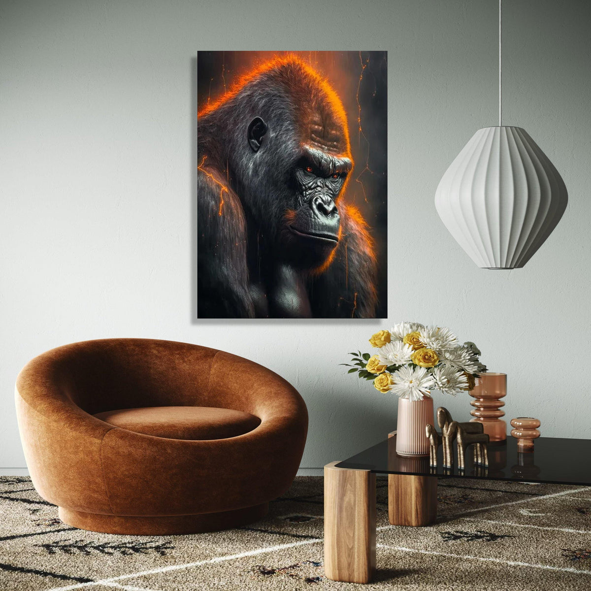 Fierce Gorilla Canvas Wall Art, Bold Wildlife Portrait, Orange Glow Animal Decor, Dramatic Primate Canvas, Gift Art, Home Decor, Print