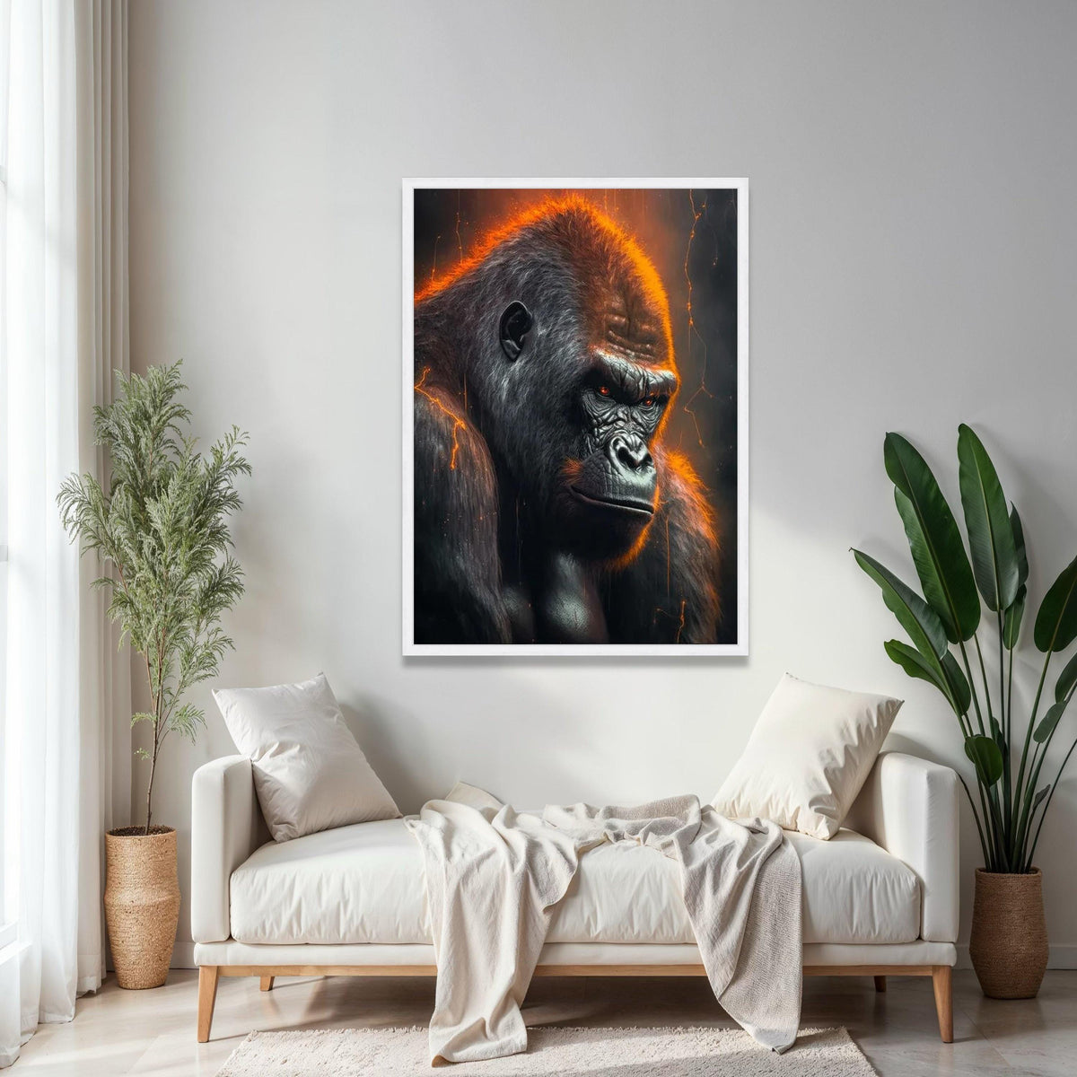 Fierce Gorilla Canvas Wall Art, Bold Wildlife Portrait, Orange Glow Animal Decor, Dramatic Primate Canvas, Gift Art, Home Decor, Print