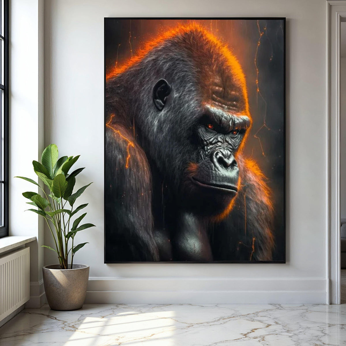 Fierce Gorilla Canvas Wall Art, Bold Wildlife Portrait, Orange Glow Animal Decor, Dramatic Primate Canvas, Gift Art, Home Decor, Print