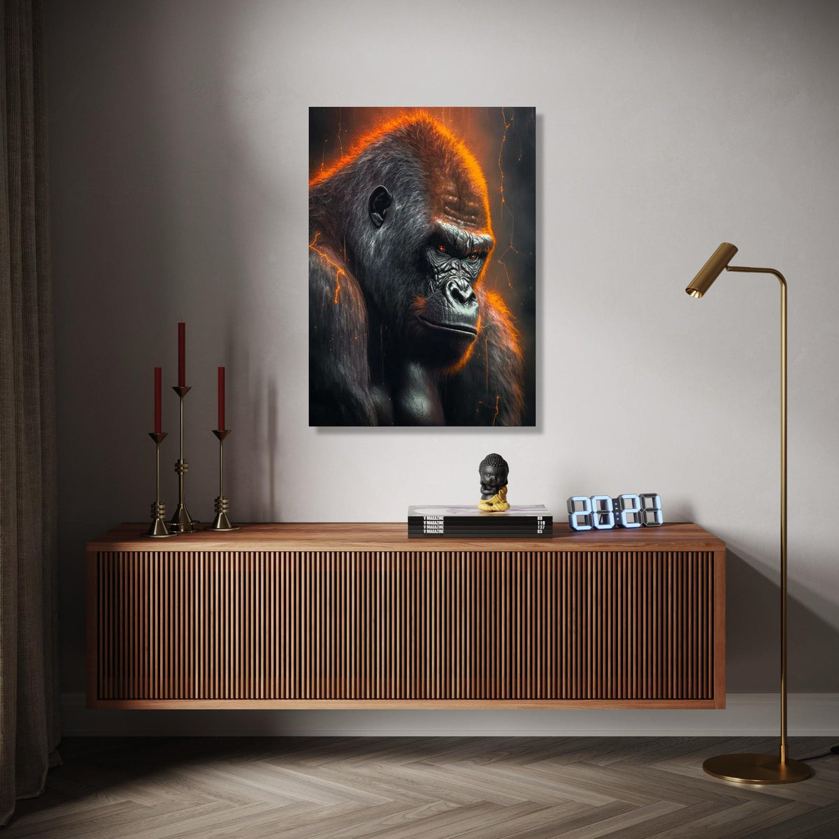 Fierce Gorilla Canvas Wall Art, Bold Wildlife Portrait, Orange Glow Animal Decor, Dramatic Primate Canvas, Gift Art, Home Decor, Print