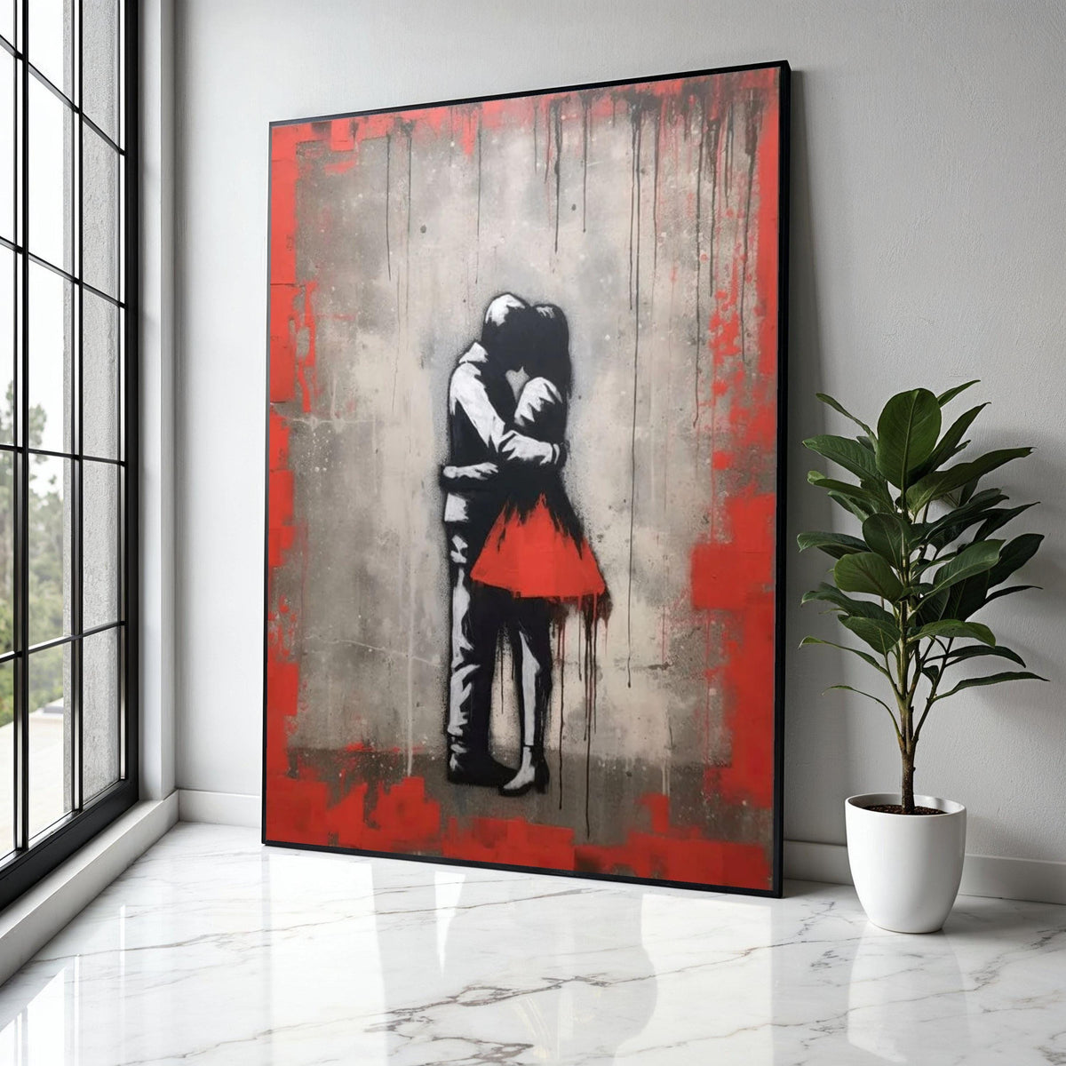 Romantic Embrace Canvas Wall Art, Urban Love Street Art Style, Red Dress Couple Canvas, Modern Home Decoration, Gift Art, Home Decor, Print