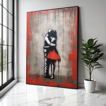 Romantic Embrace Canvas Wall Art, Urban Love Street Art Style, Red Dress Couple Canvas, Modern Home Decoration, Gift Art, Home Decor, Print
