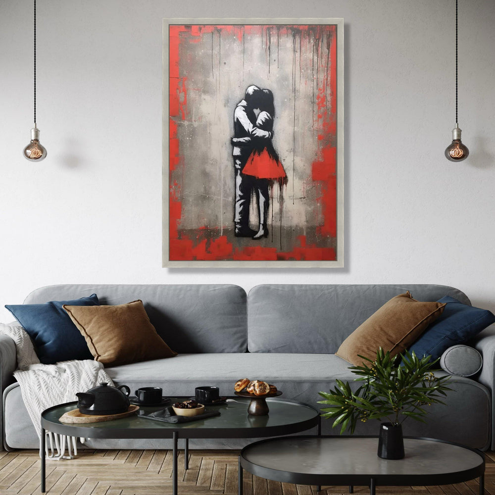 Romantic Embrace Canvas Wall Art, Urban Love Street Art Style, Red Dress Couple Canvas, Modern Home Decoration, Gift Art, Home Decor, Print