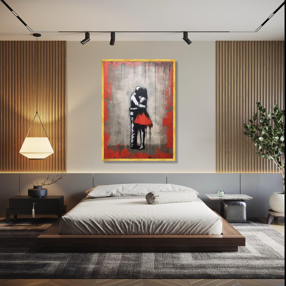 Romantic Embrace Canvas Wall Art, Urban Love Street Art Style, Red Dress Couple Canvas, Modern Home Decoration, Gift Art, Home Decor, Print