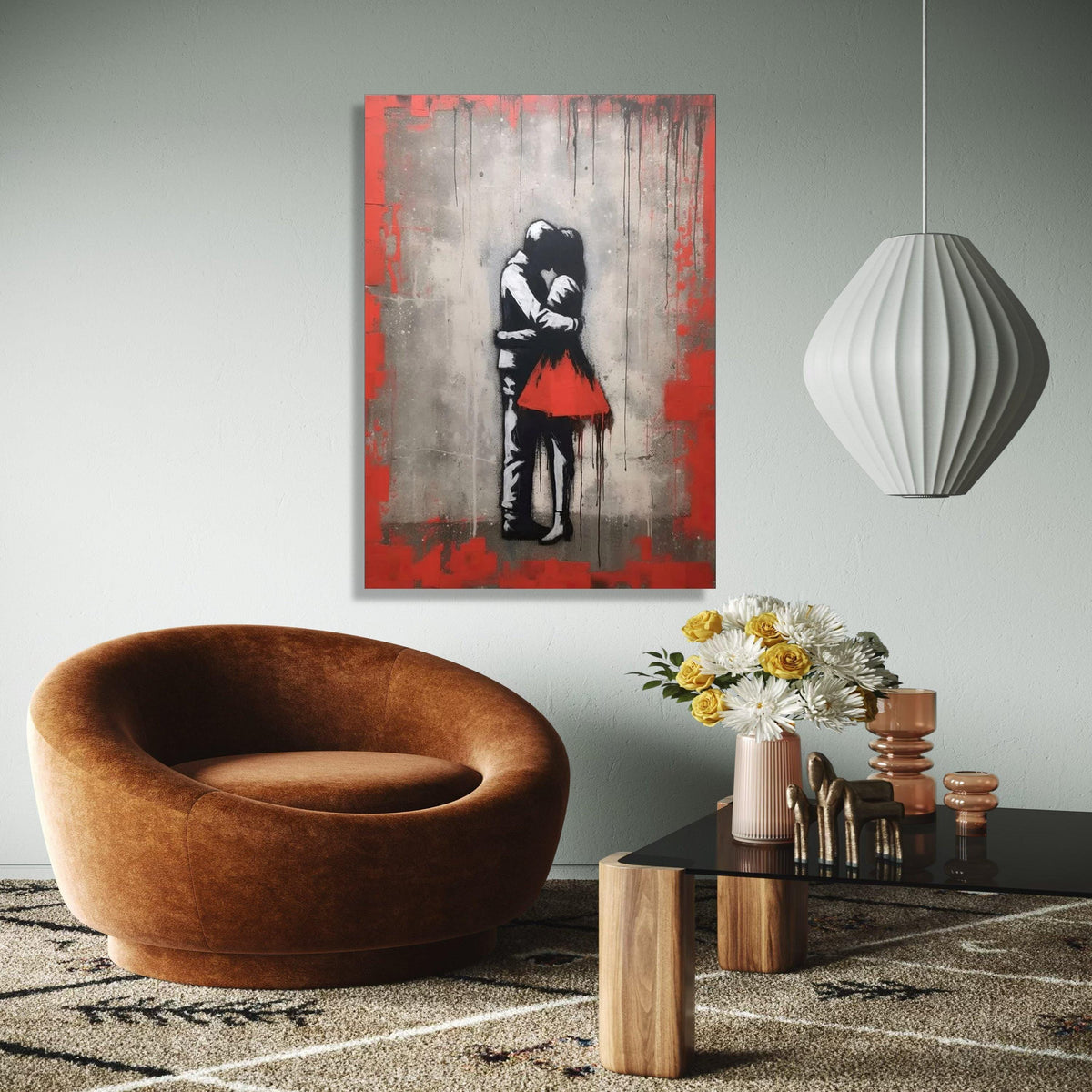 Romantic Embrace Canvas Wall Art, Urban Love Street Art Style, Red Dress Couple Canvas, Modern Home Decoration, Gift Art, Home Decor, Print