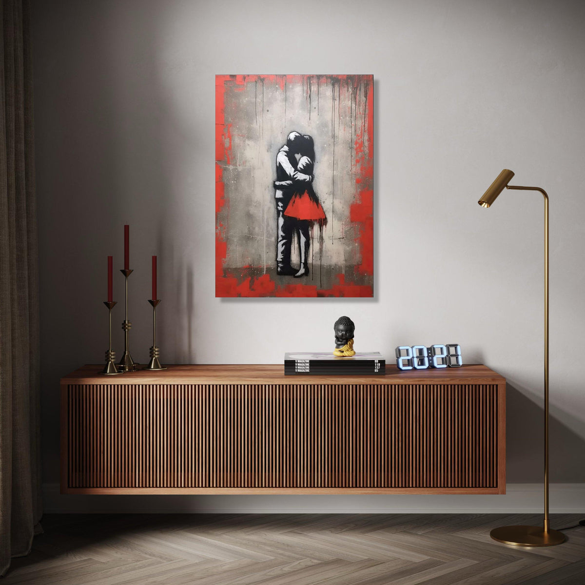 Romantic Embrace Canvas Wall Art, Urban Love Street Art Style, Red Dress Couple Canvas, Modern Home Decoration, Gift Art, Home Decor, Print