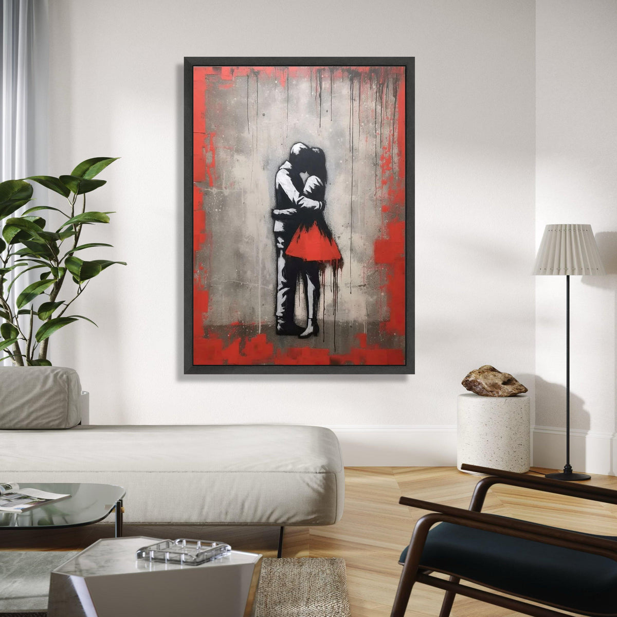 Romantic Embrace Canvas Wall Art, Urban Love Street Art Style, Red Dress Couple Canvas, Modern Home Decoration, Gift Art, Home Decor, Print
