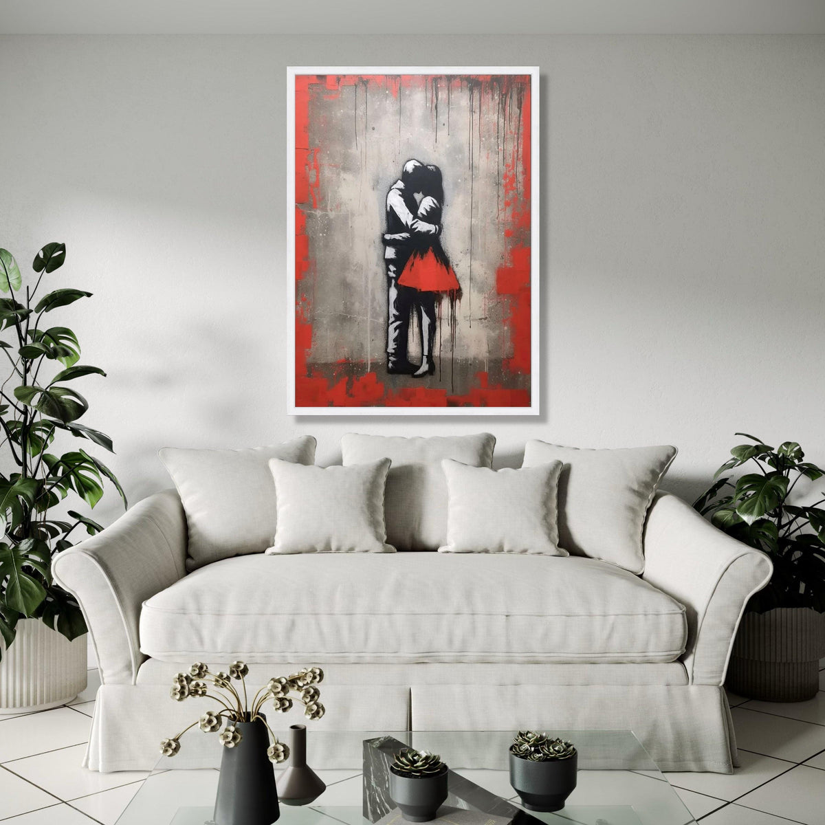 Romantic Embrace Canvas Wall Art, Urban Love Street Art Style, Red Dress Couple Canvas, Modern Home Decoration, Gift Art, Home Decor, Print