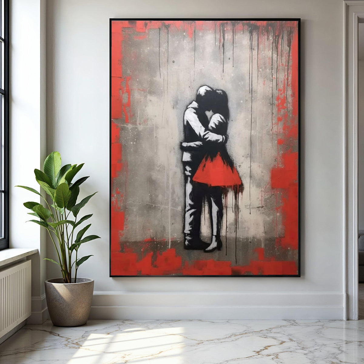 Romantic Embrace Canvas Wall Art, Urban Love Street Art Style, Red Dress Couple Canvas, Modern Home Decoration, Gift Art, Home Decor, Print