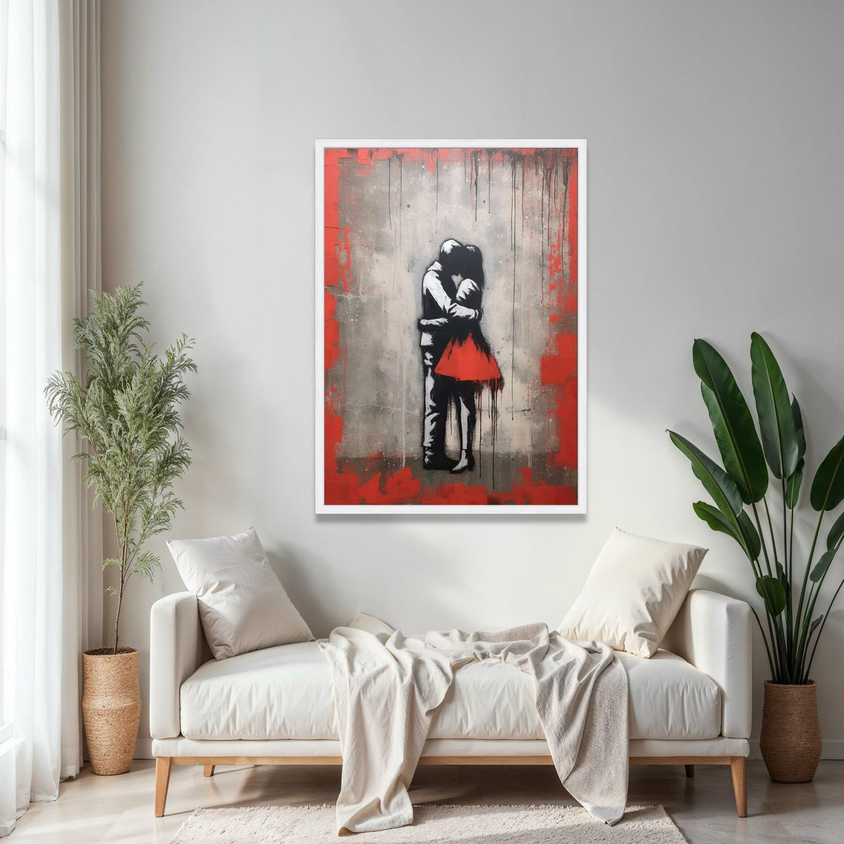 Romantic Embrace Canvas Wall Art, Urban Love Street Art Style, Red Dress Couple Canvas, Modern Home Decoration, Gift Art, Home Decor, Print