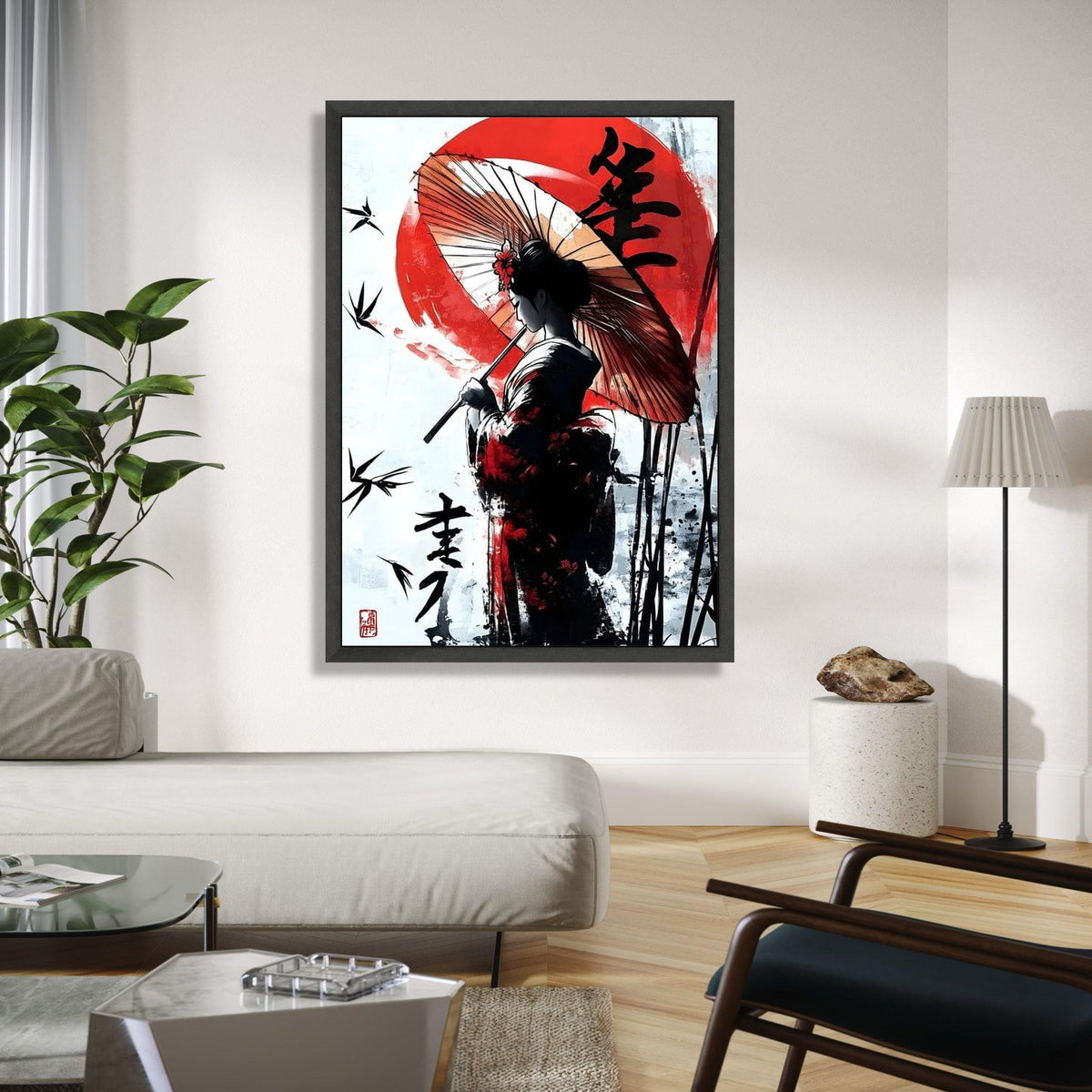 Elegant Japanese Geisha Canvas Wall Art, Traditional Umbrella Painting, Asian Woman Silhouette, Red Sun Gift Art, Home Decor, Print