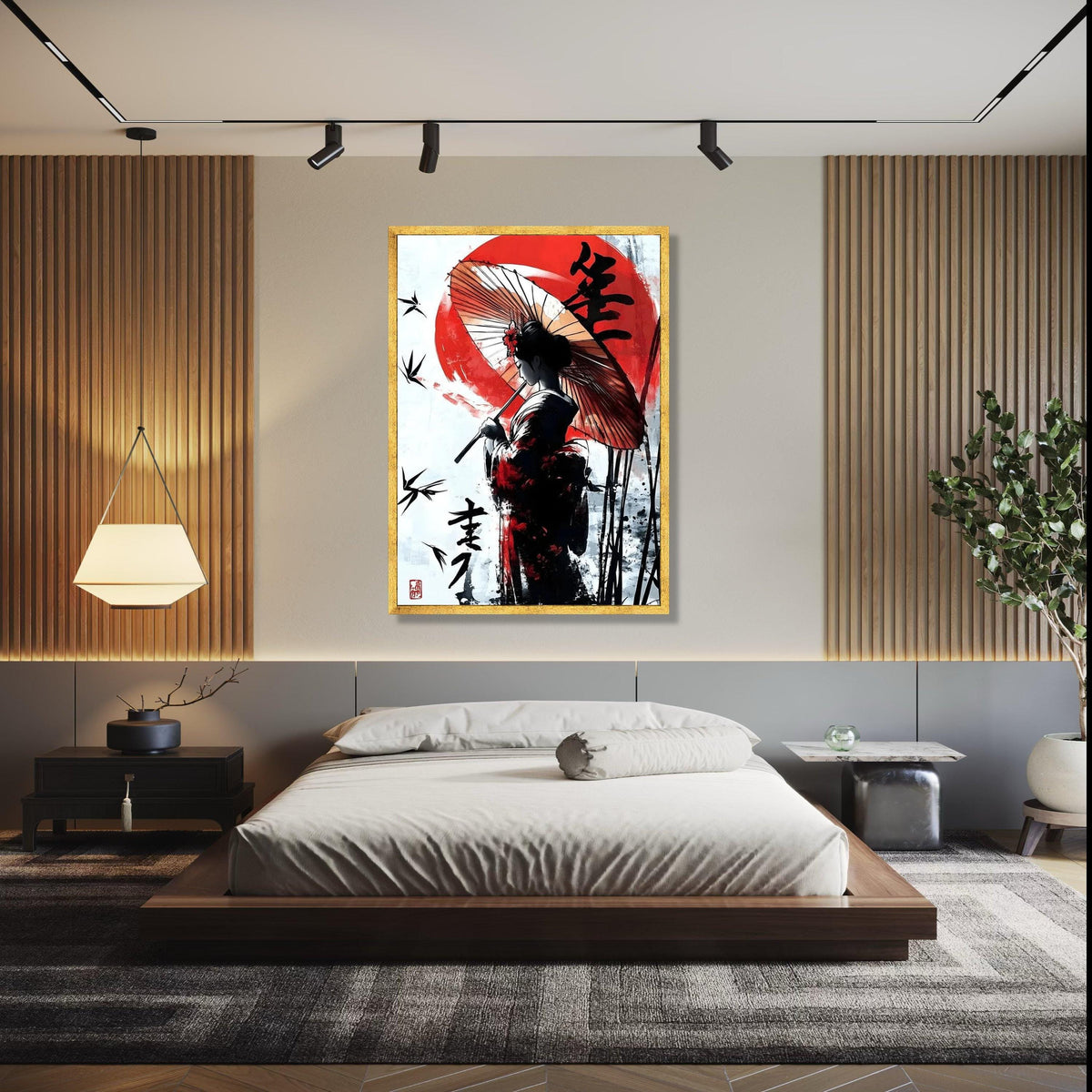 Elegant Japanese Geisha Canvas Wall Art, Traditional Umbrella Painting, Asian Woman Silhouette, Red Sun Gift Art, Home Decor, Print