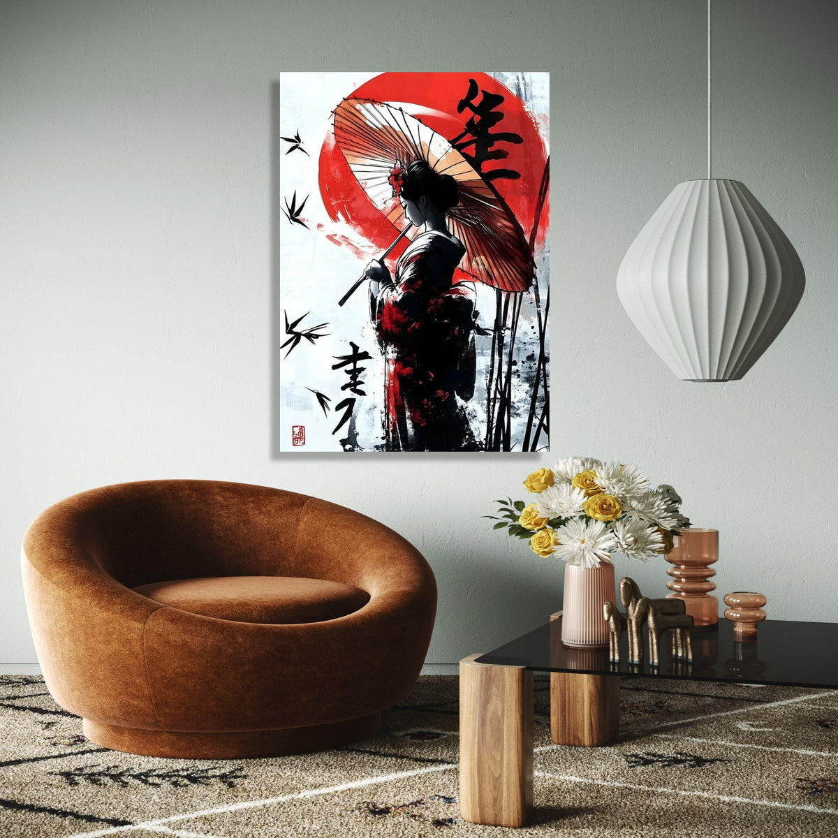 Elegant Japanese Geisha Canvas Wall Art, Traditional Umbrella Painting, Asian Woman Silhouette, Red Sun Gift Art, Home Decor, Print