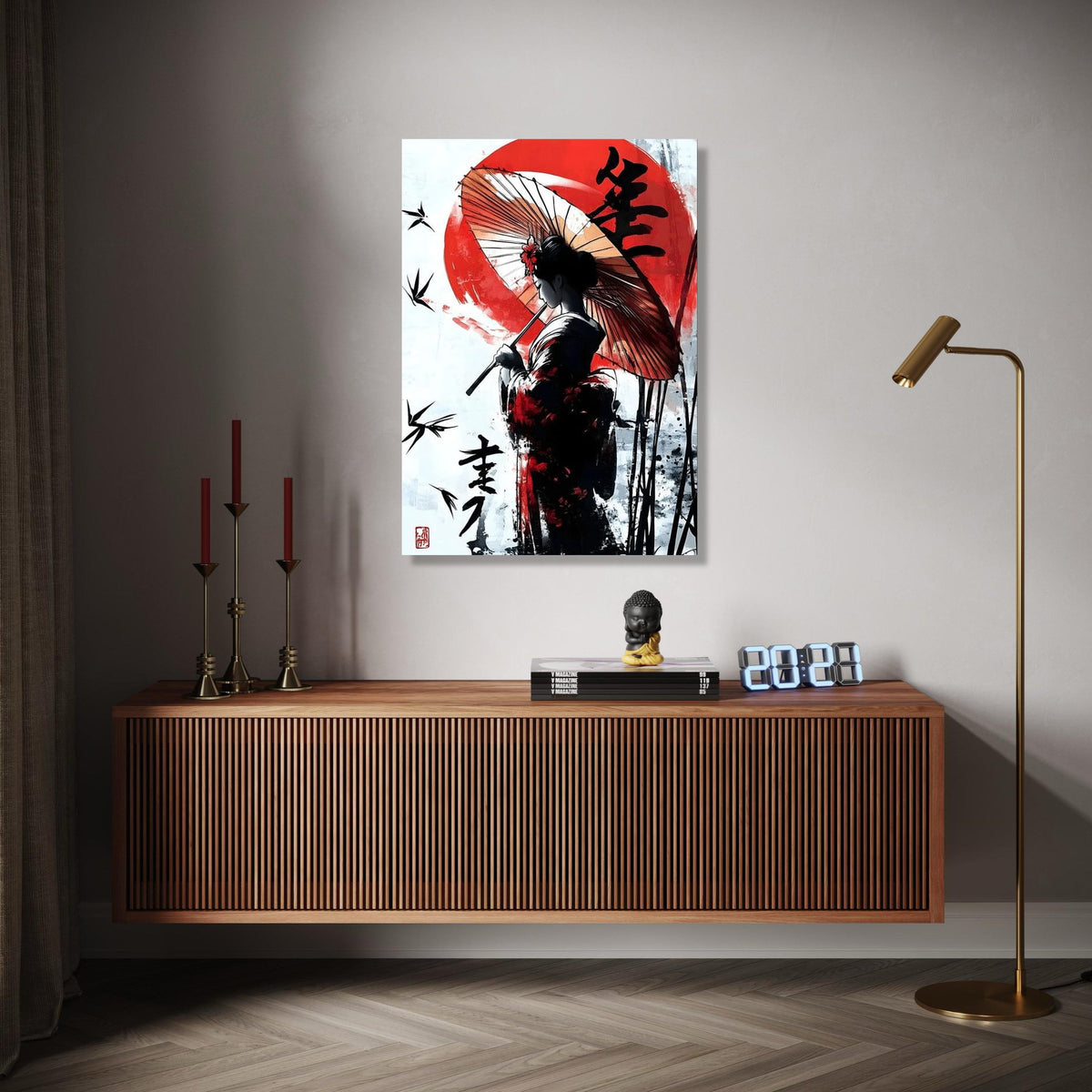 Elegant Japanese Geisha Canvas Wall Art, Traditional Umbrella Painting, Asian Woman Silhouette, Red Sun Gift Art, Home Decor, Print