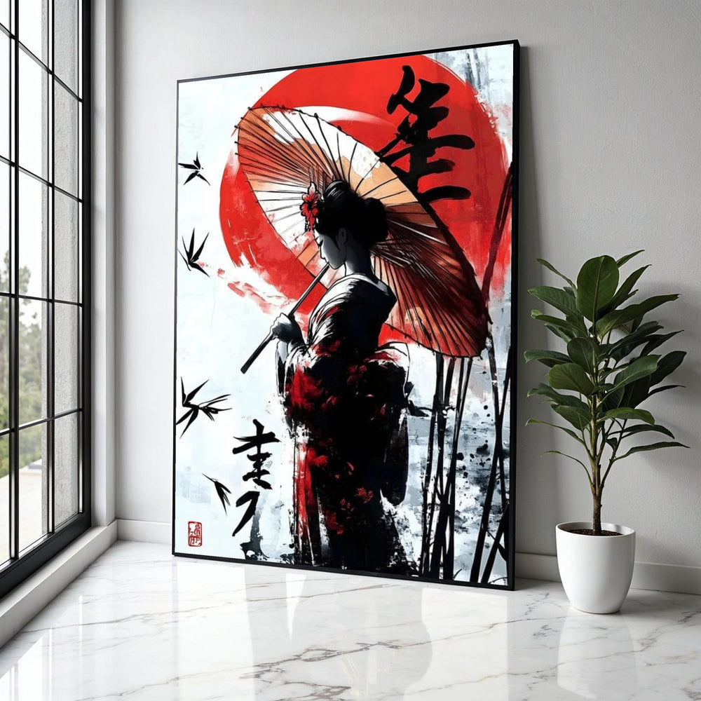 Elegant Japanese Geisha Canvas Wall Art, Traditional Umbrella Painting, Asian Woman Silhouette, Red Sun Gift Art, Home Decor, Print