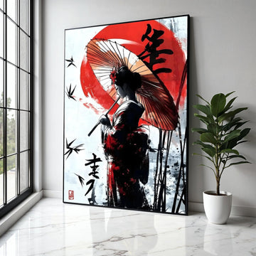 Elegant Japanese Geisha Canvas Wall Art, Traditional Umbrella Painting, Asian Woman Silhouette, Red Sun Gift Art, Home Decor, Print