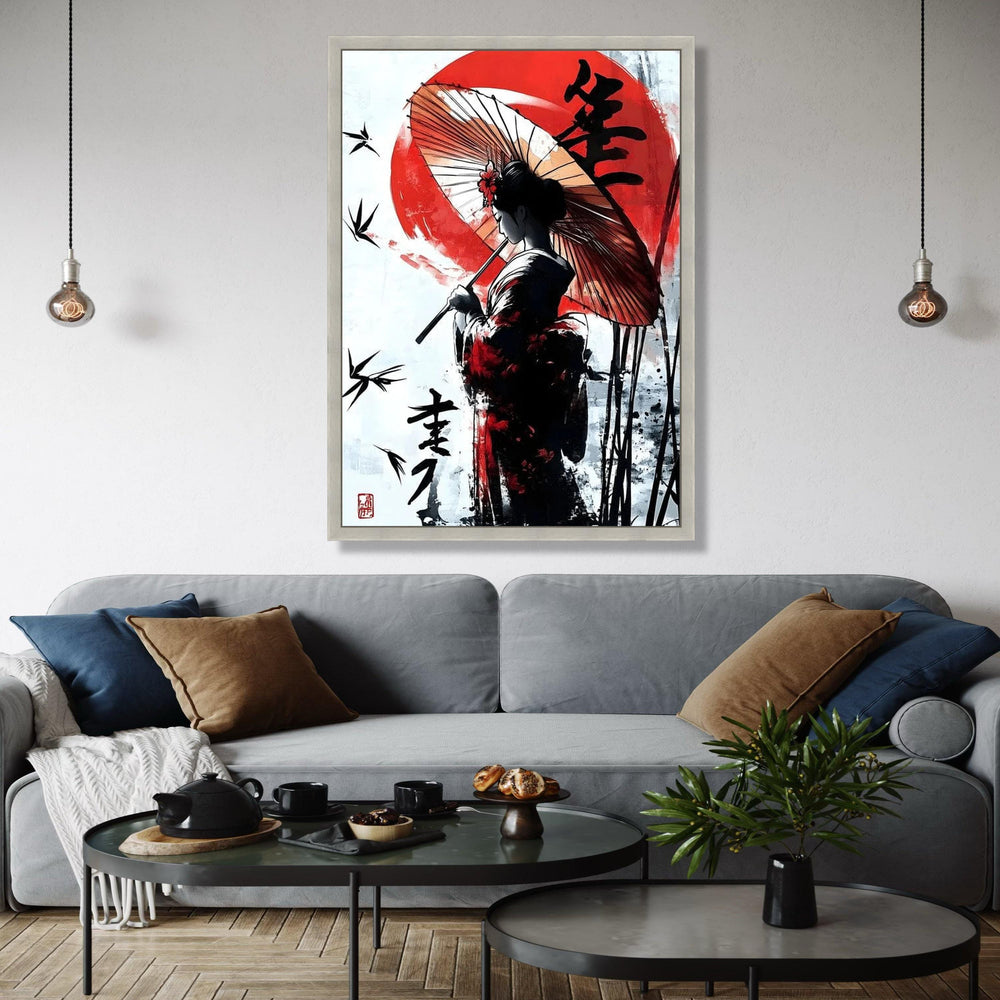 Elegant Japanese Geisha Canvas Wall Art, Traditional Umbrella Painting, Asian Woman Silhouette, Red Sun Gift Art, Home Decor, Print