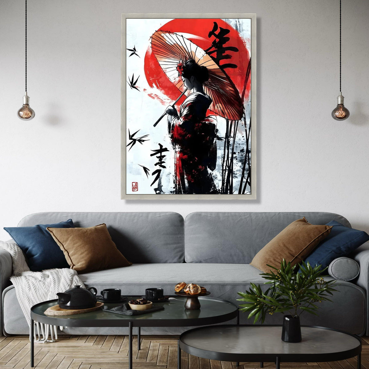 Elegant Japanese Geisha Canvas Wall Art, Traditional Umbrella Painting, Asian Woman Silhouette, Red Sun Gift Art, Home Decor, Print