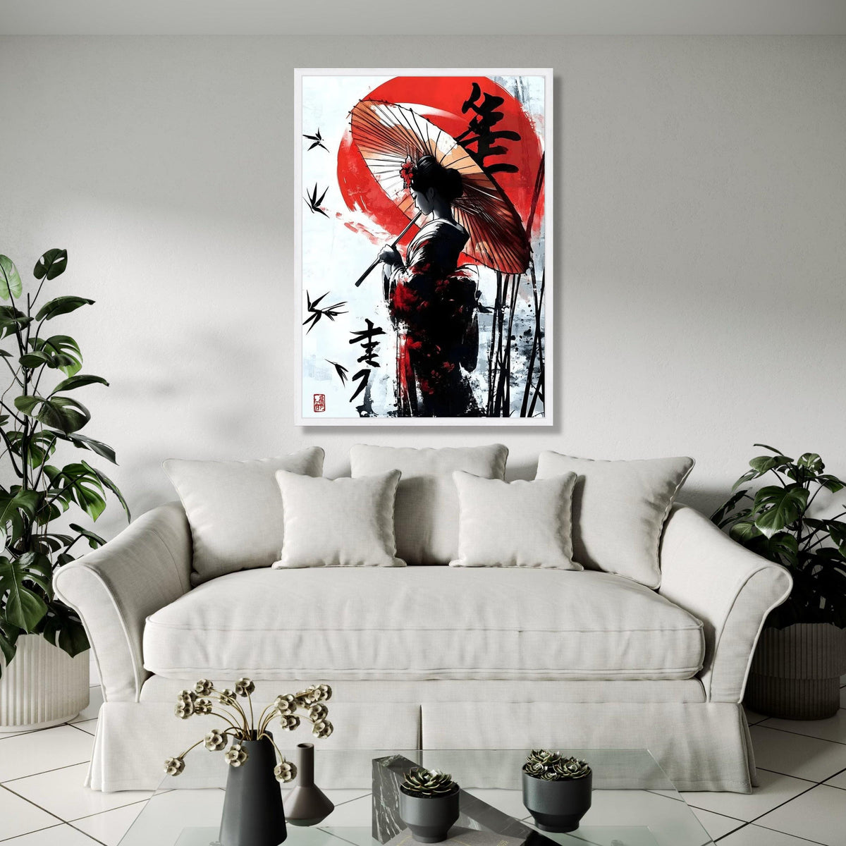 Elegant Japanese Geisha Canvas Wall Art, Traditional Umbrella Painting, Asian Woman Silhouette, Red Sun Gift Art, Home Decor, Print