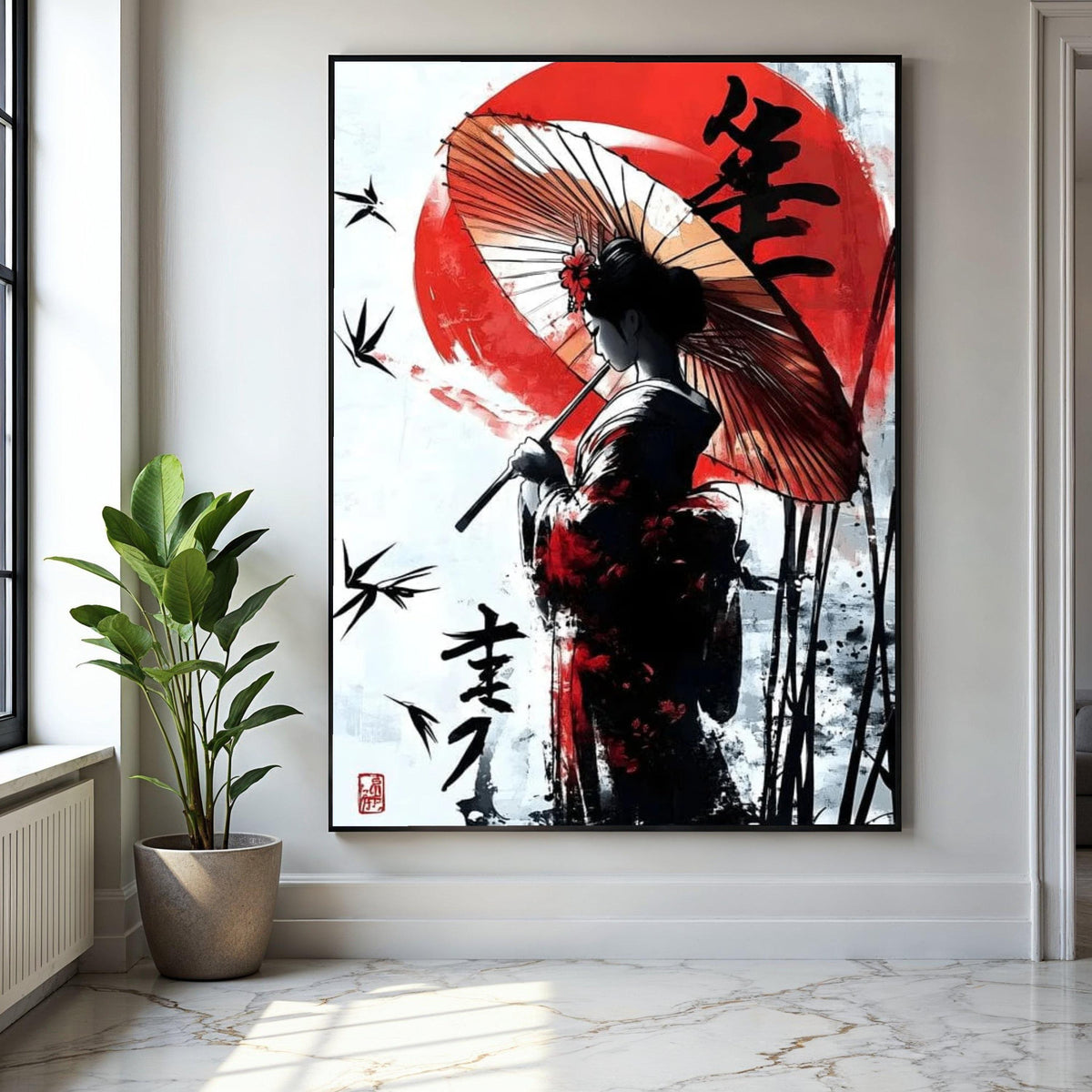 Elegant Japanese Geisha Canvas Wall Art, Traditional Umbrella Painting, Asian Woman Silhouette, Red Sun Gift Art, Home Decor, Print