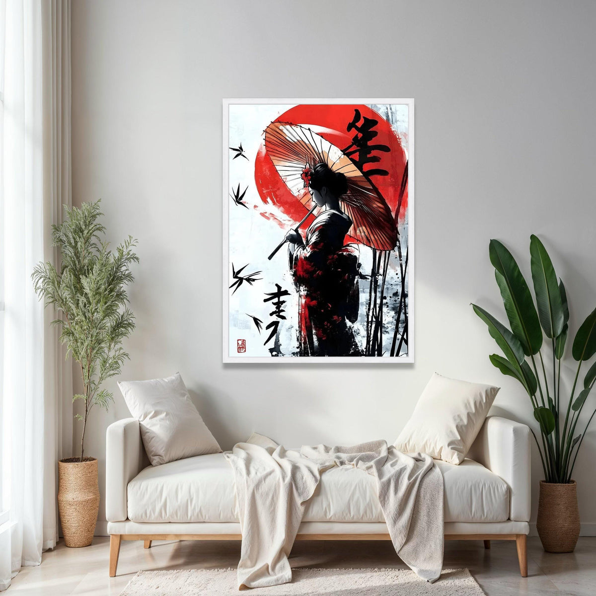 Elegant Japanese Geisha Canvas Wall Art, Traditional Umbrella Painting, Asian Woman Silhouette, Red Sun Gift Art, Home Decor, Print