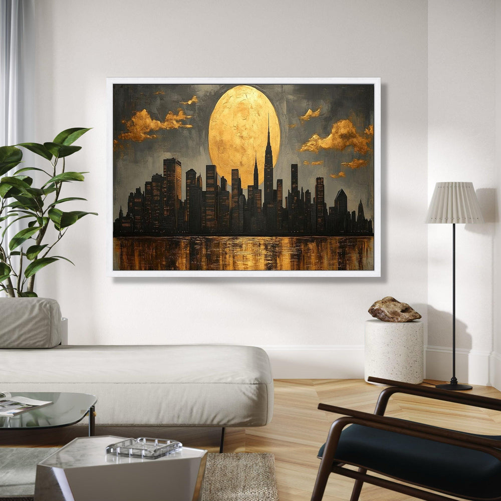 Golden Moon NYC Skyline Canvas, Modern Cityscape Wall Art, Urban Night Reflection Canvas, Contemporary Home Gift Art, Home Decor, Print