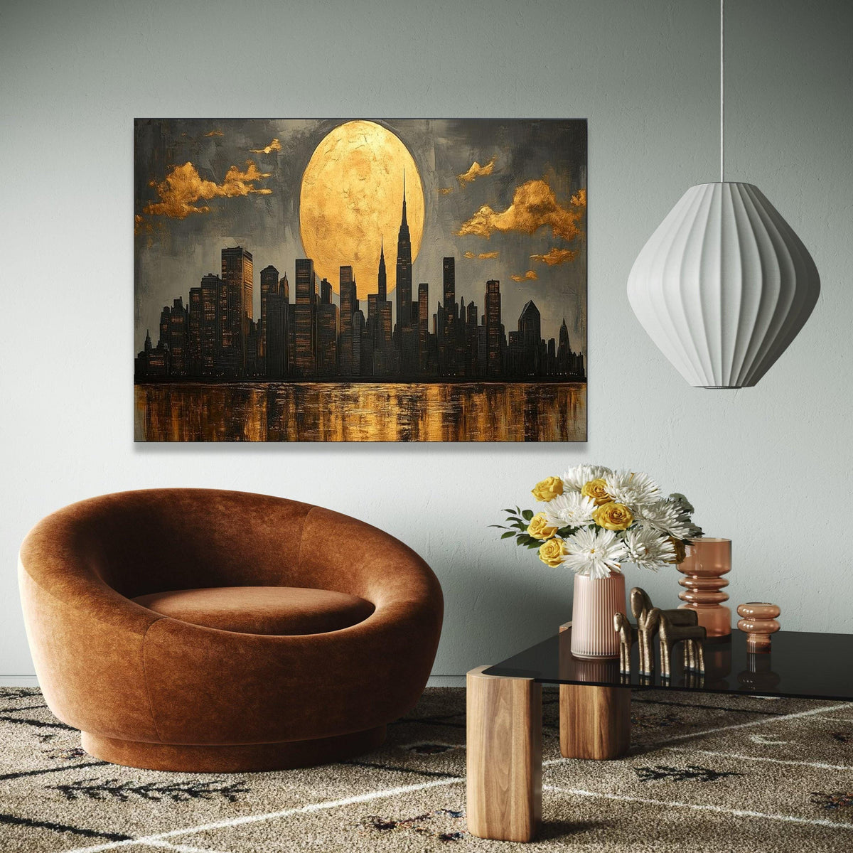 Golden Moon NYC Skyline Canvas, Modern Cityscape Wall Art, Urban Night Reflection Canvas, Contemporary Home Gift Art, Home Decor, Print