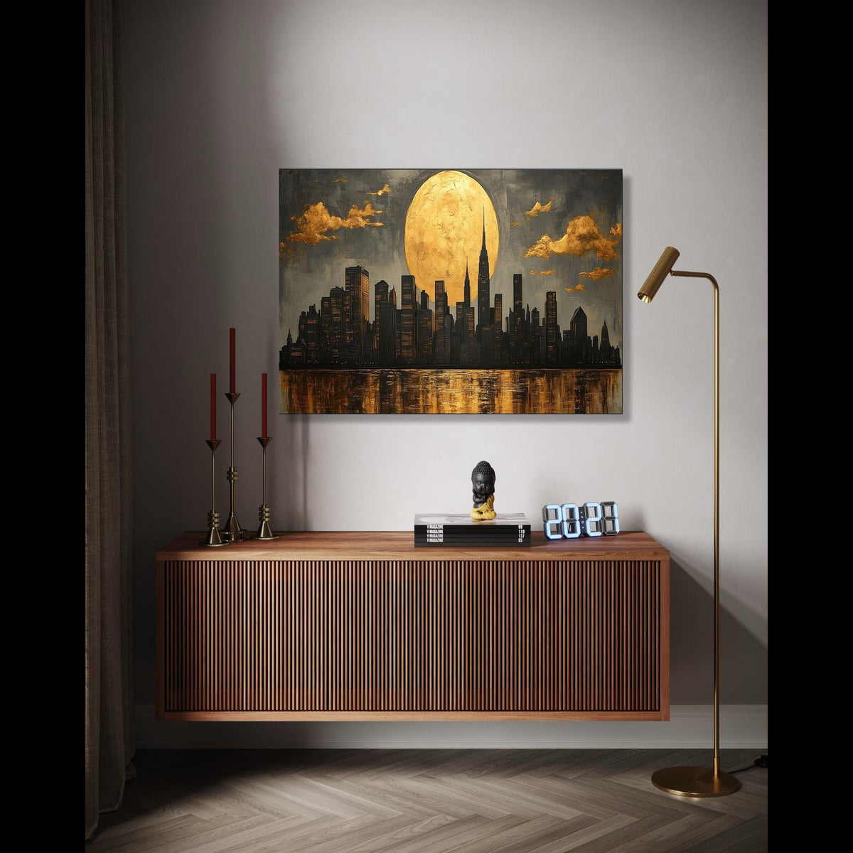 Golden Moon NYC Skyline Canvas, Modern Cityscape Wall Art, Urban Night Reflection Canvas, Contemporary Home Gift Art, Home Decor, Print