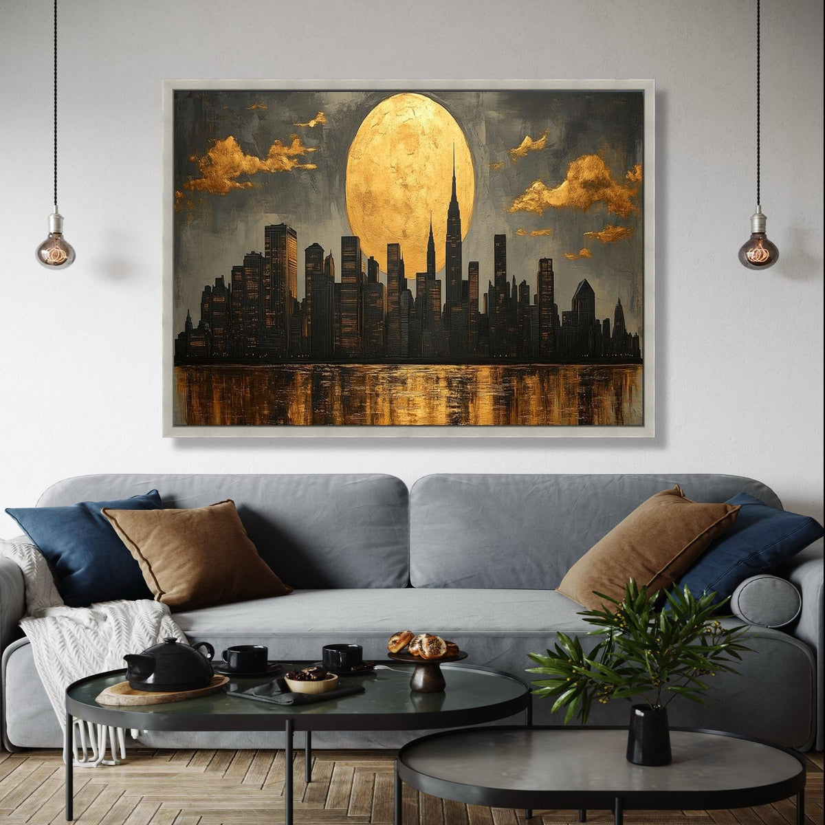 Golden Moon NYC Skyline Canvas, Modern Cityscape Wall Art, Urban Night Reflection Canvas, Contemporary Home Gift Art, Home Decor, Print