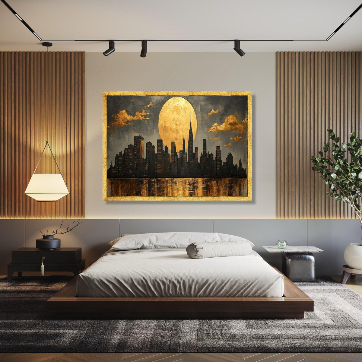 Golden Moon NYC Skyline Canvas, Modern Cityscape Wall Art, Urban Night Reflection Canvas, Contemporary Home Gift Art, Home Decor, Print