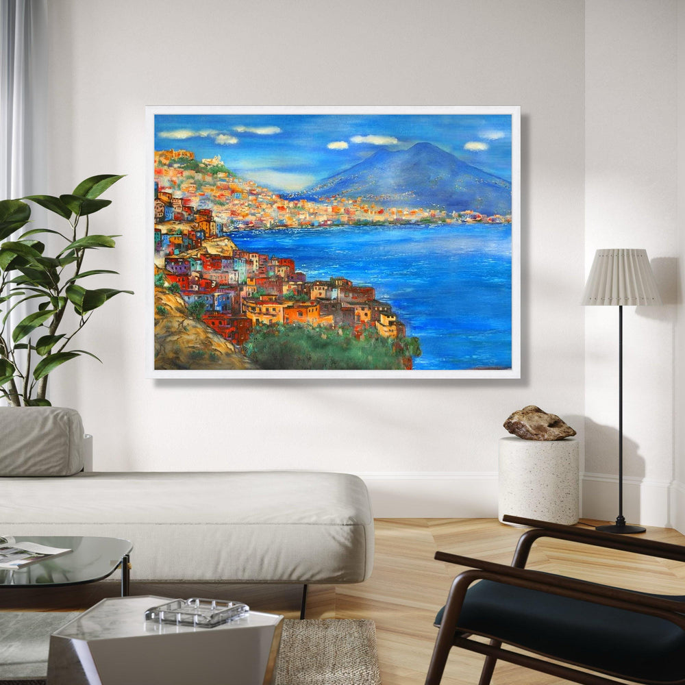 Mediterranean Coastal Town Canvas, Vibrant Seaside Landscape Wall Art, Colorful Italy Shoreline Painting, Blue Gift Art, Home Decor, Print